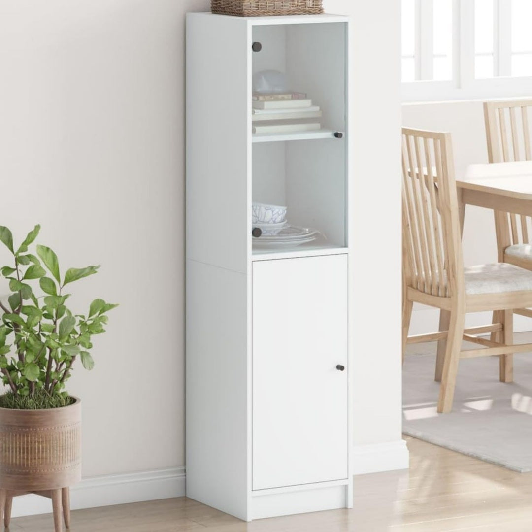 Hochschrank aus Holzwerkstoff und Glas in Weiss