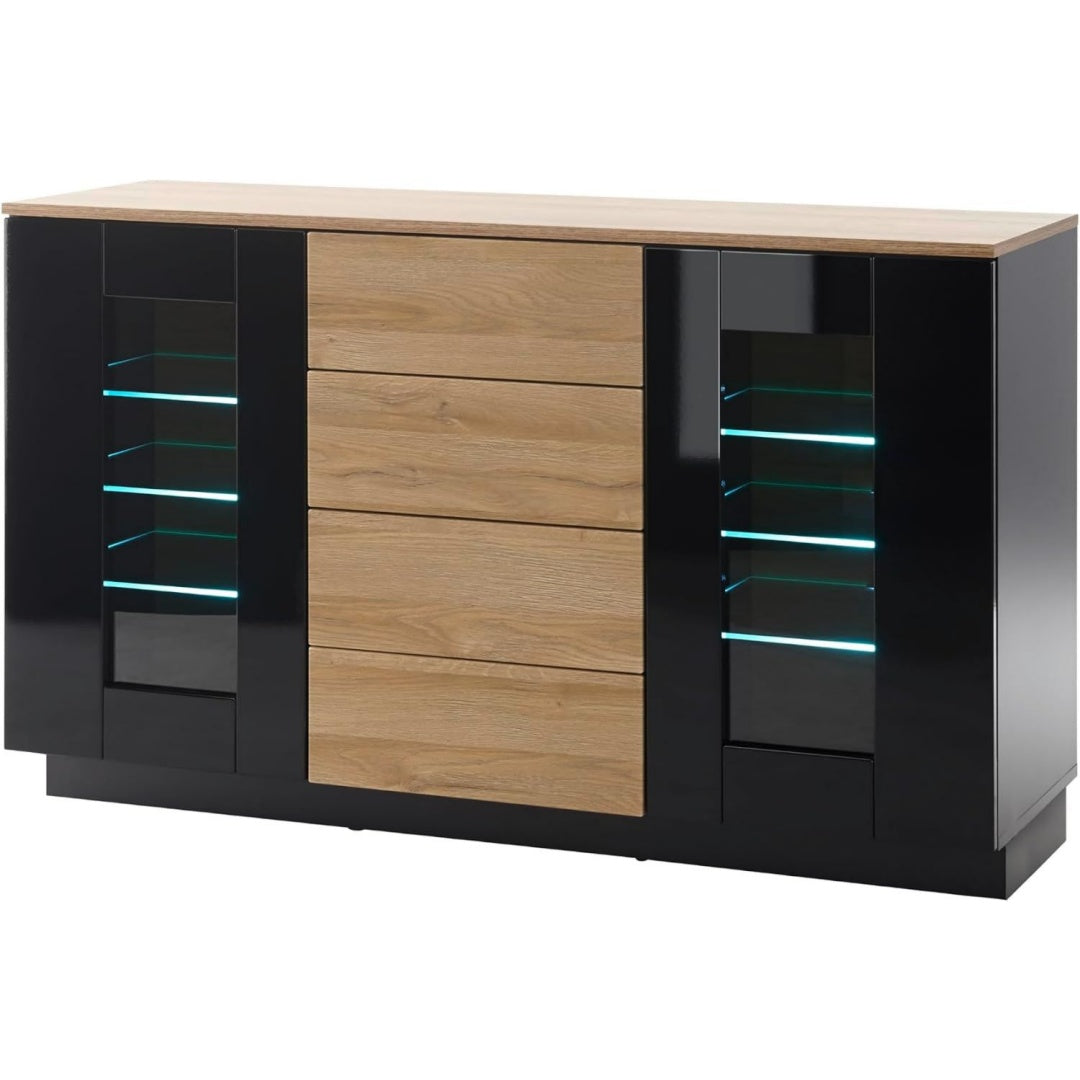 Das Sideboard vereint beschichtete Flaechen mit Glasablagen