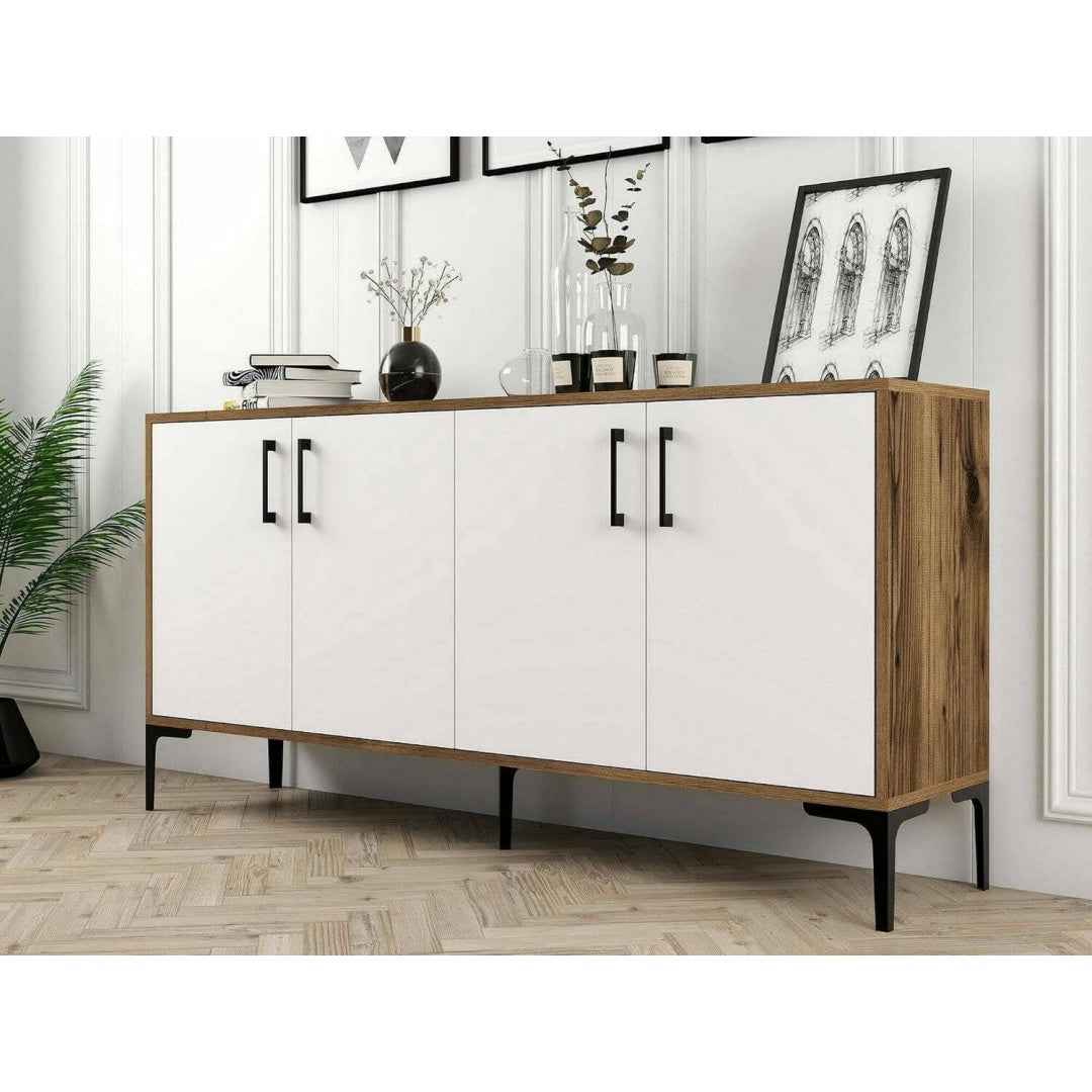 Sideboard in Weiss und Nussbaumbraun mit beschichteten Flaechen