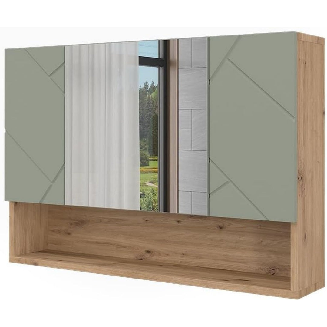 Das Sideboard verbindet seine Form mit Holzwerkstoff und Glas