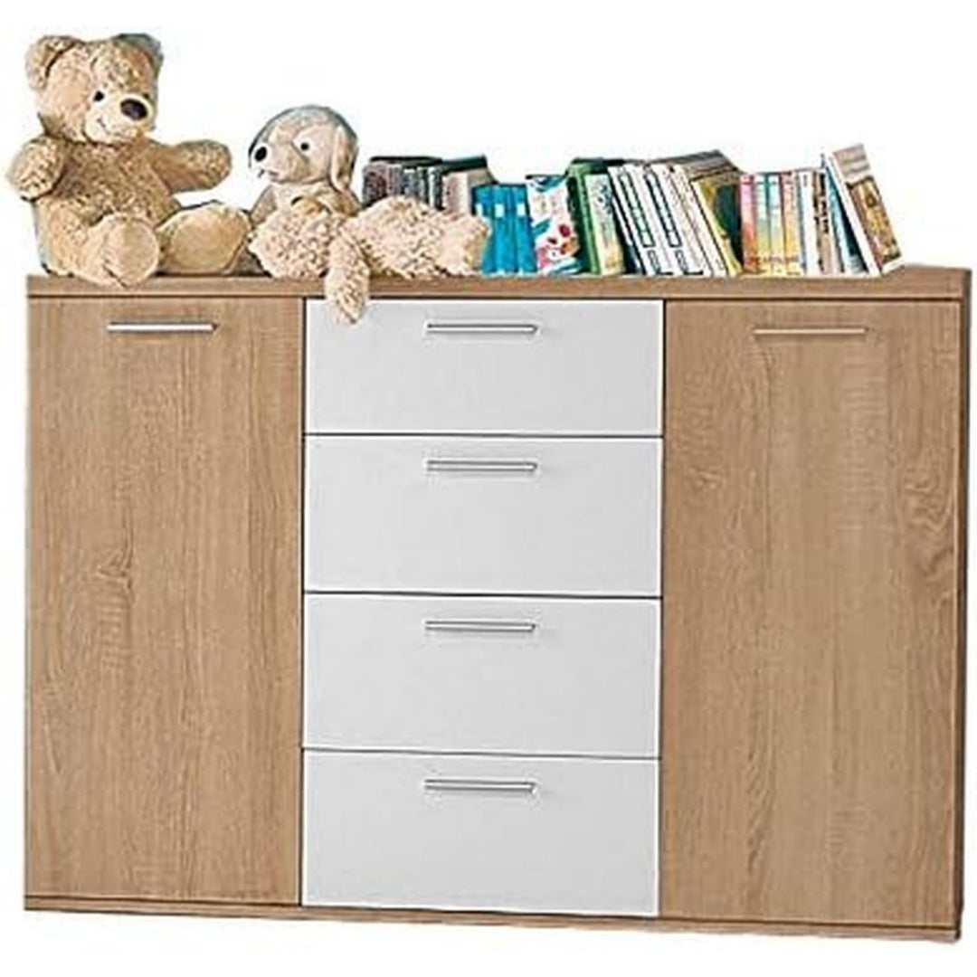 Geschlossener Stauraum und 4 Schubladen an dem Sideboard