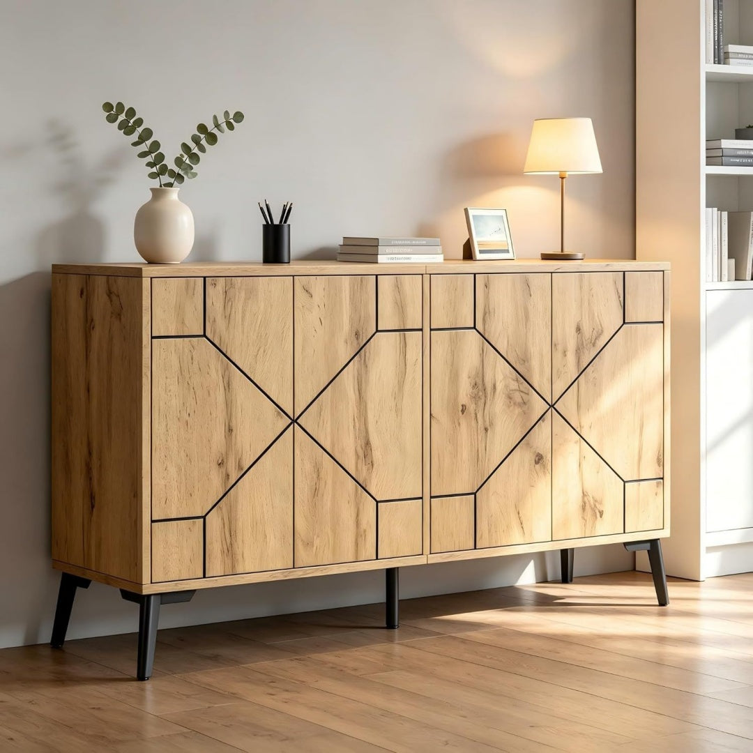 Sideboard mit 4 Tueren, einem Metallgestell und Holzoptik