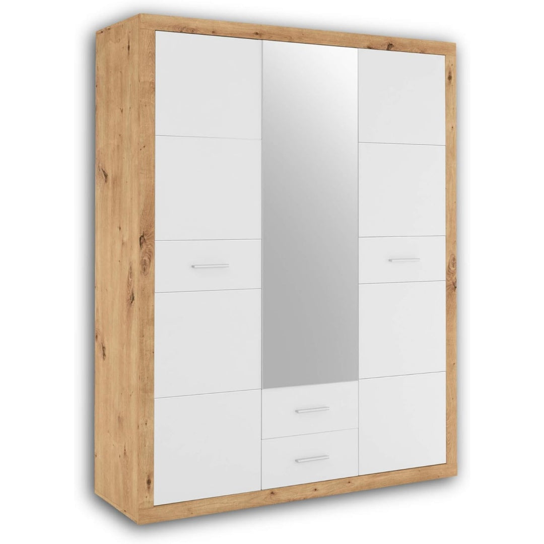 Der Kleiderschrank setzt auf eine Farbgebung in Weiss und Eichenbraun