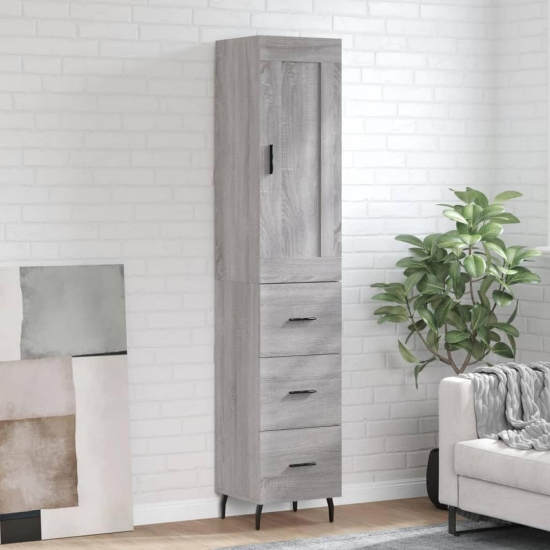 Hochschrank aus Holzwerkstoff und Metall mit geschlossenem Stauraum in Eichenbraun und Grau